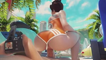 Tracer من Overwatch يحصل على البرية على الشاطئ – رعاة البقر العكسي creampie